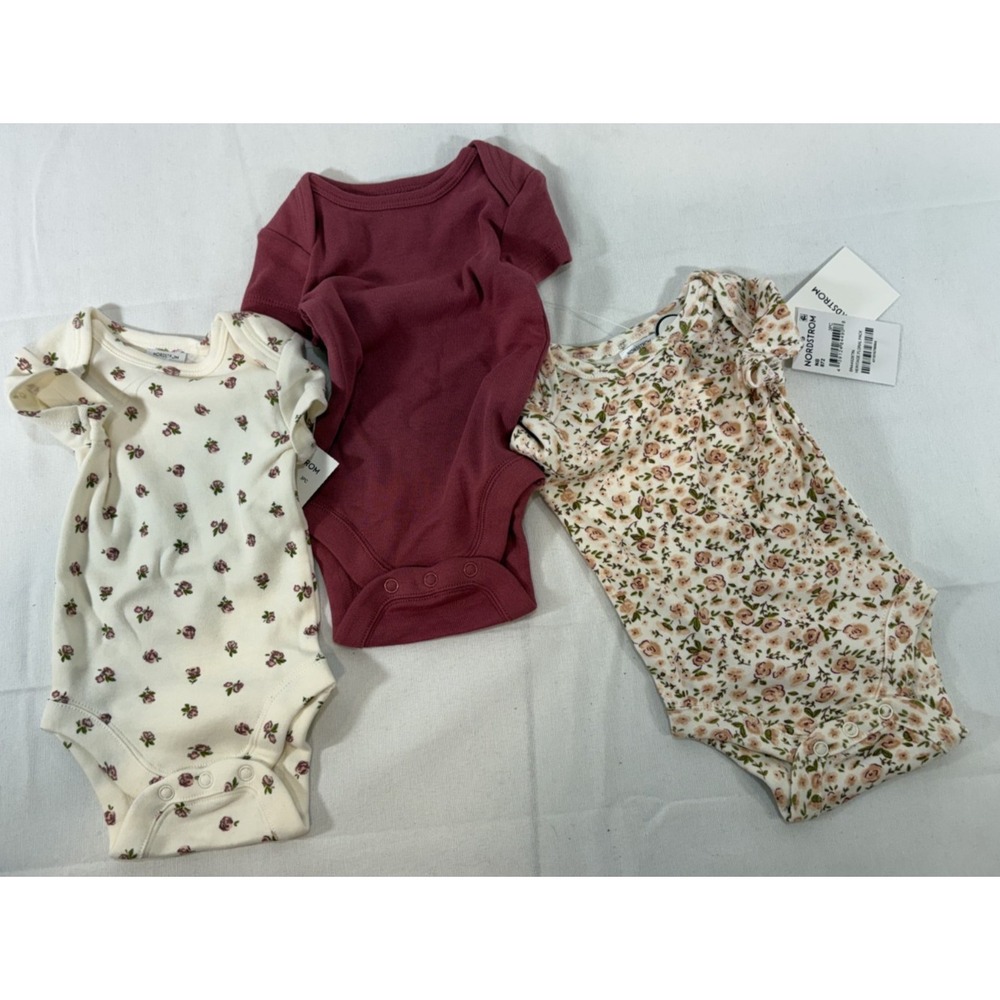 NWT Nordstrom Newborn 3PC Bodysuit Set Heritage Floral Pack Red Maroon White
